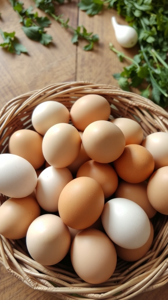 A basket of duck eggs on a wooden table with fresh herbs and vegetables.